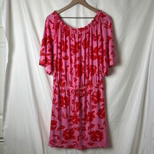 NWT LASCANA Off The Shoulder Midi Dress Pink Floral Size 12 Tropical Vacation